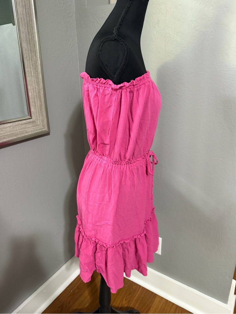 Elan Elle Strapless Barbiecore Tiered Ruffle Mini Dress Tie Waist Pink Medium - Picture 5 of 7